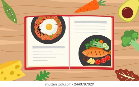 Opening cook book with some ingredients on kitchen table in flat design. Recipes book concept vector illustration.