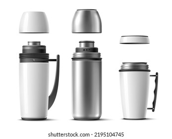 Opening cup thermos. Different types realistic opened thermo flasks with swirling cup caps, maintaining drinks temperature, travel containers for hot beverages, 3d objects, utter vector set