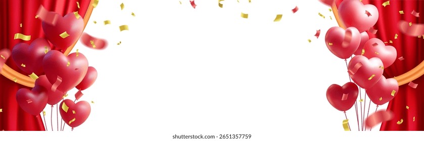 Opening Curtains of Love and Celebration Vivid Red Velvet Curtains Unfurling with Red Heart Balloons and Falling Gold Confetti Creating a Romantic Atmosphere