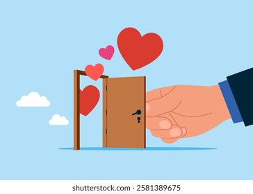 Opening a door with hearts. Open for new relationship, heal heart broken or divorce and relationship problem. Vector illustration in flat style.