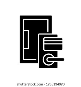Opening the door with a key card glyph icon. Smart house. Thin line customizable illustration. Contour symbol. Vector isolated outline drawing.