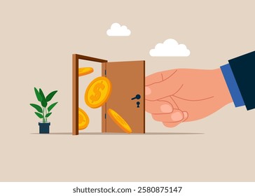 Opening a door to money. Financial and investment growth, increase earning profit, success in wealth management. Vector illustration in flat style.