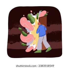 Opening door to new life. Curious person dreaming, changing dungeon to freedom, escaping from jail, finding secret. Creative concept. Flat graphic vector illustration isolated on white background