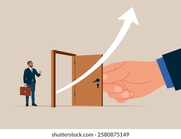 Opening a door to search for new business idea. Rising profit growth graph. Investment profit growth, financial advisor. Make money to get rich or increase earning or income. Vector illustration