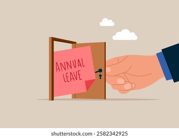 Opening a door to see to annual leave note. Annual leave or day off to rest from hard work, schedule reminder of annual leave. Vector illustration.