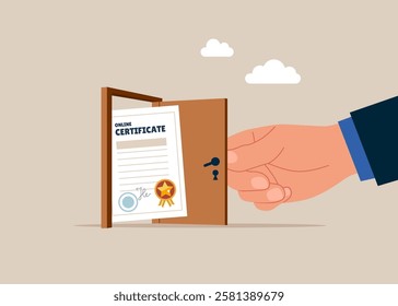 Opening a door to see to see certificate and award paper. Best graduate, cum laude. Modern flat vector illustration 