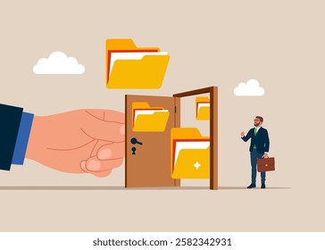 Opening a door to see file folders. Arrange online data, paperwork concept, file management, organize document files into archive folders. Vector illustration in flat style.