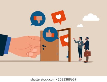 Opening a door to see Social media positive and negative feedback vision. Discussion, conversation, meeting, team communication. Social media communication. Vector illustration