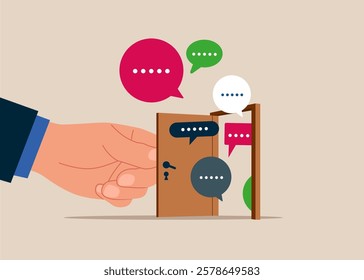 Opening a door to see speech bubbles. Discussion, conversation, meeting, team communication. Vector illustration in flat style.