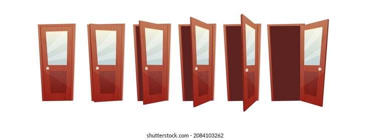 Opening door stages for animation in 2d game. Wooden door with glass inserts. Cartoon vector illustration. 