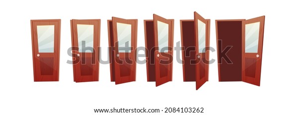 Opening door\
stages for animation in 2d game. Wooden door with glass inserts.\
Cartoon vector illustration.\
