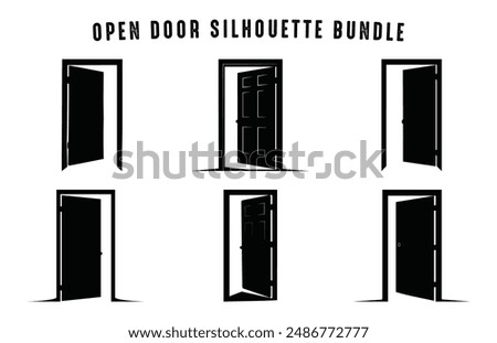 Opening Door Vector black Silhouette Set, Open Door Silhouette Clipart Bundle