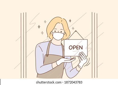 Opening doors after coronavirus pandemic, reopening concept. Young woman in protective medical mask opening door of cafe or shop with men sign and waiting for guests again vector illustration 