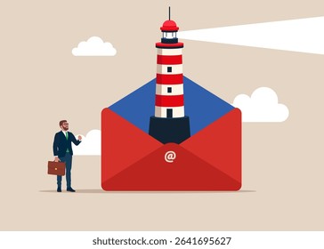 Opening email envelope holding lighthouse. Opportunities for strategic vision, business thinking. Modern vector illustration in flat style. 