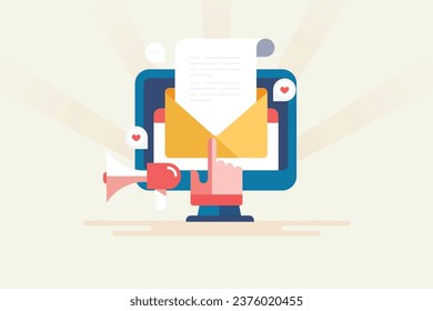 Abriendo mensajes de correo electrónico, publicidad por correo electrónico, marketing digital, marketing de boletines de la empresa, suscriptores - fondo de ilustración vectorial con iconos