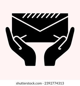 Opening an envelope glyph icon. Letter holded in two hands, delivery. Postal service vector design concept, solid style pictogram on white background, use for web and app. Eps 10