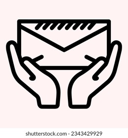 Öffnen eines Briefumschlag-Symbol. Brief in zwei Händen gehalten, Lieferung. Postdienst-Vektordesign-Konzept, Umriss-Piktogramm auf Weiß für und App. EPS10.