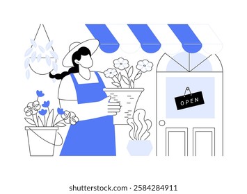 Opening a flower shop isolated cartoon vector illustrations. Professional florist opens own shop, small business, flower arranging service, blooming decor, standing near entrance vector cartoon.