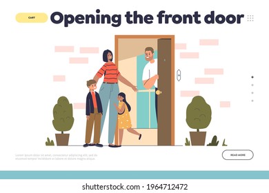 Opening Front Door Concept Of Landing Page With Family Welcome Mother At Home Together. Happy Kids And Dad Meeting Mom At House Entrance After Work. Cartoon Flat Vector Illustration