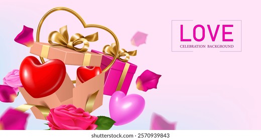 opening gift box and red and pink shiny hearts rose flower and petals flying on the light pink background.lovely event celebration banner.valentine's day and mother's day concept greeting card.