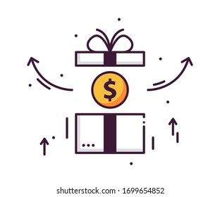 Opening gift box with stripe and bow on top and dollar coin inside. Get the bonus paying online with credit card.