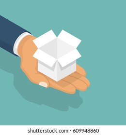Opening Gift Holding In Hand Of Men. Give, Presenting Gift. Vector Illustration Isometric Flat Design. Isolated On Background. Template For Objects, Elements. White Empty Paper Box. Mail Delivery.