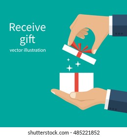 Opening gift holding in the hands of men. Give, presenting gift with red ribbon. Vector illustration flat design. Isolated on background. Celebration concept.