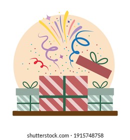 opening gifts party event confetti celebration cartoon vector illustration