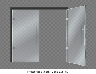 Opening glass doors. 3D office or boutique doorways. Double transparent doorway. Showcase windows. Entrance of shop or storefront in mall. Front view. Vector realistic interior object