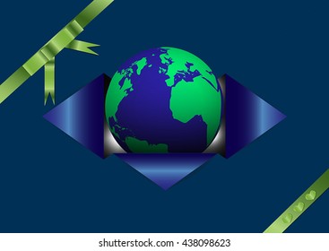 Opening globe from blue envelope tied up with green ribbon decorated with small heart shaped ribbon, earth day concept