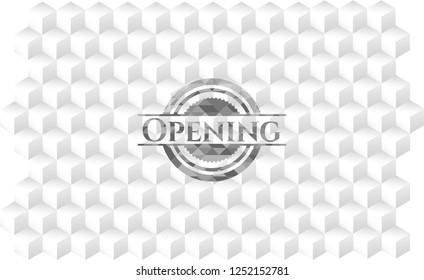 Opening grey badge with geometric cube white background
