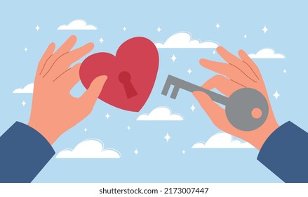 Opening heart concept. Metaphor of trusting person or psychologist. Individual approach and humanitarianism. Love, care and support, relationship and romantic. Cartoon flat vector illustration