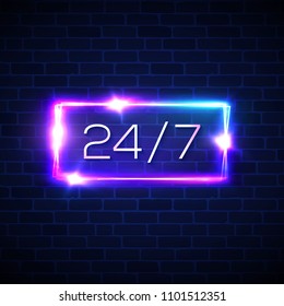 Opening hours 24 7. Neon light rectangle round the clock store frame on brick wall background. Open sign 24 Hours night club or bar neon signage. Square techno banner. Bright color vector illustration