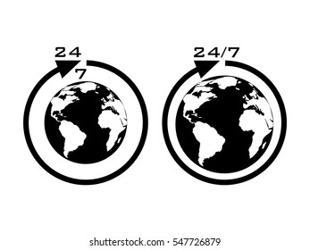 opening hours 24 7. vector illustration of arrow moving around globe earth