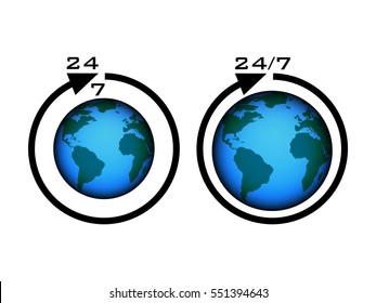 opening hours 24 7. vector illustration of arrow moving around globe earth