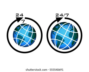 opening hours 24 7. vector illustration of arrow moving around 3D globe earth