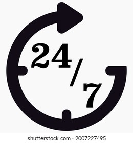 Opening hours around the clock. Reception 24 hours a day. Clock and numerals 24 and 7. Vector icon.