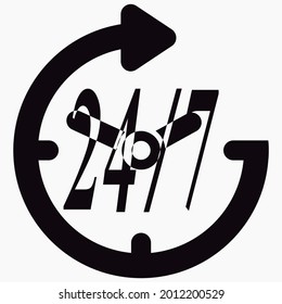 Opening hours around the clock. Reception 24 hours a day. Clock and numerals 24 and 7. Vector icon.