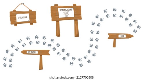 Opening hours, entrance, exit, attention - wooden sign boards set with texture, animal footsteps in cartoon style. Vector stock illustration isolated on white background for information post. EPS10