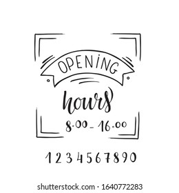 Opening Hours – Hand Written Sign On Entry Door For Shop, Cafe, Restaurant, Public Place. Vector Stock Text On Wood Texture Background. EPS 10