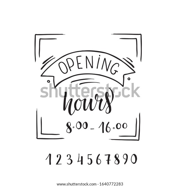 Opening hours – hand written sign on entry door for
shop, cafe, restaurant, public place. Vector stock text on wood
texture background. EPS
10