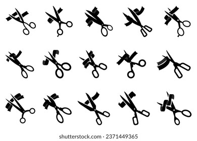 Opening icons. Set of different opening icons. Simple scissors and ribbon signs. Black opening mask icons