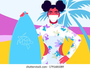 Opening international borders after the coronavirus pandemic concept. Beautiful African girl in a medical mask with a board. Young woman in a surf suit. Tourist on the beach background, palm leaves.