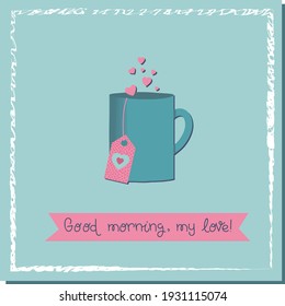 Opening for lovers. Cup of love drink. Valentine's day poster square. Vector illustration.