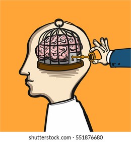 opening mind - conceptual vector illustration of cage in head with brain inside and hand opening it with key