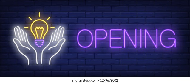 Opening neon text with light bulb in hands. Innovation concept design. Night bright neon sign, colorful billboard, light banner. Vector illustration in neon style.