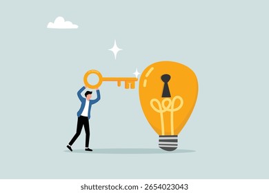 Opening a new business idea, creating a new product or creative concept, a smart entrepreneur holds a golden key that is about to be inserted into the keyhole that holds the light bulb of the idea.