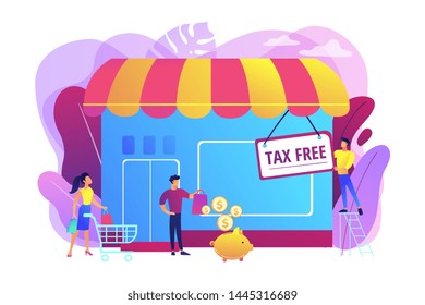 Opening new business, startup without taxation. Tax free service, VAT free trading, refounding VAT services, duty free zone concept. Bright vibrant violet vector isolated illustration