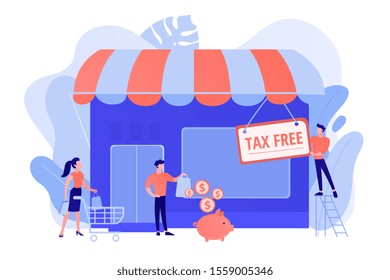 Opening new business, startup without taxation. Tax free service, VAT free trading, refounding VAT services, duty free zone concept. Pinkish coral bluevector isolated illustration