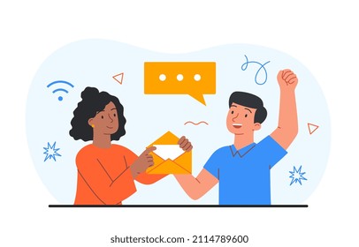 Opening New Letter Concept. Man And Girl Open Envelope. Checking Your Mail. Employee Rejoices At News Of Promotion. Long Wait, Anticipation, Surprise, Family. Cartoon Flat Vector Illustration
